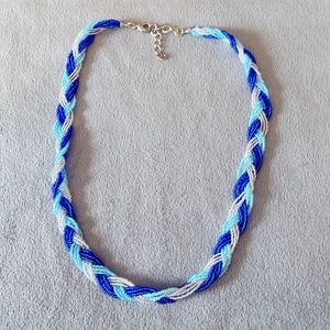 Blue/Silver beaded braided necklace, just under 20 inches